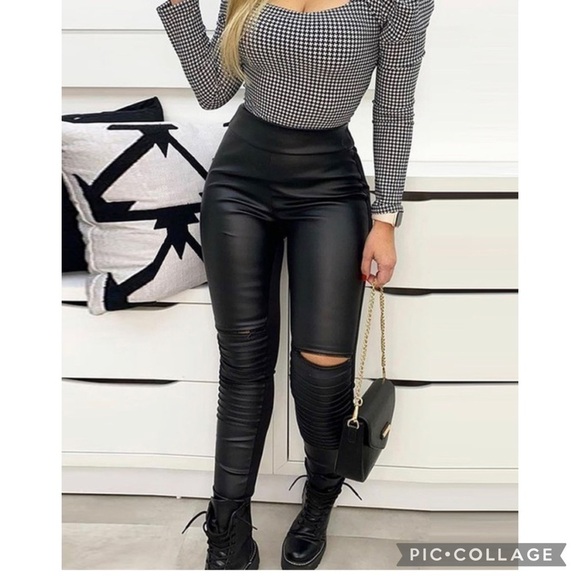Blu Trends Pants - Black Faux Leather Leggings w/Zipper